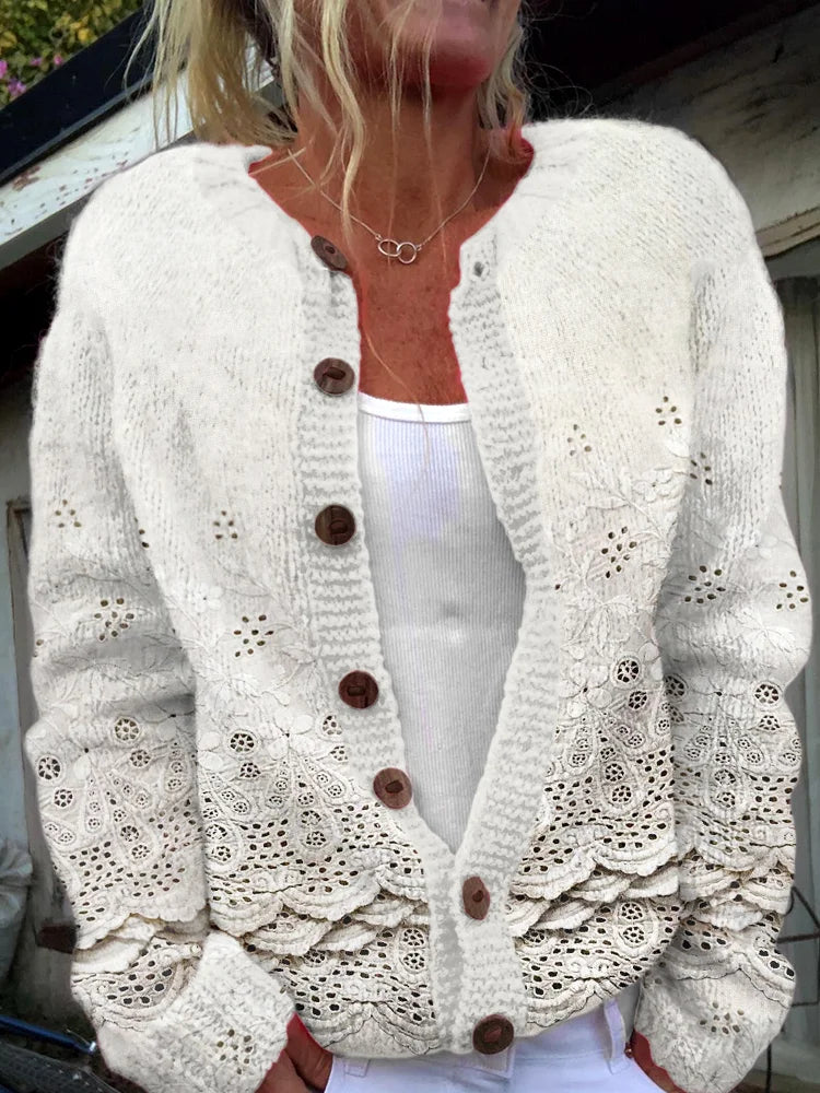 Retro Floral Lace Knitted Cardigan with Embroidery for Women