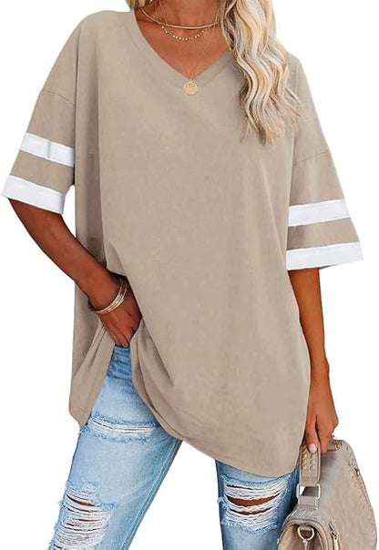 Beverley - Casual Oversized T Shirts Short Sleeve V Neck Basic Plain Cotton Tee Tops.