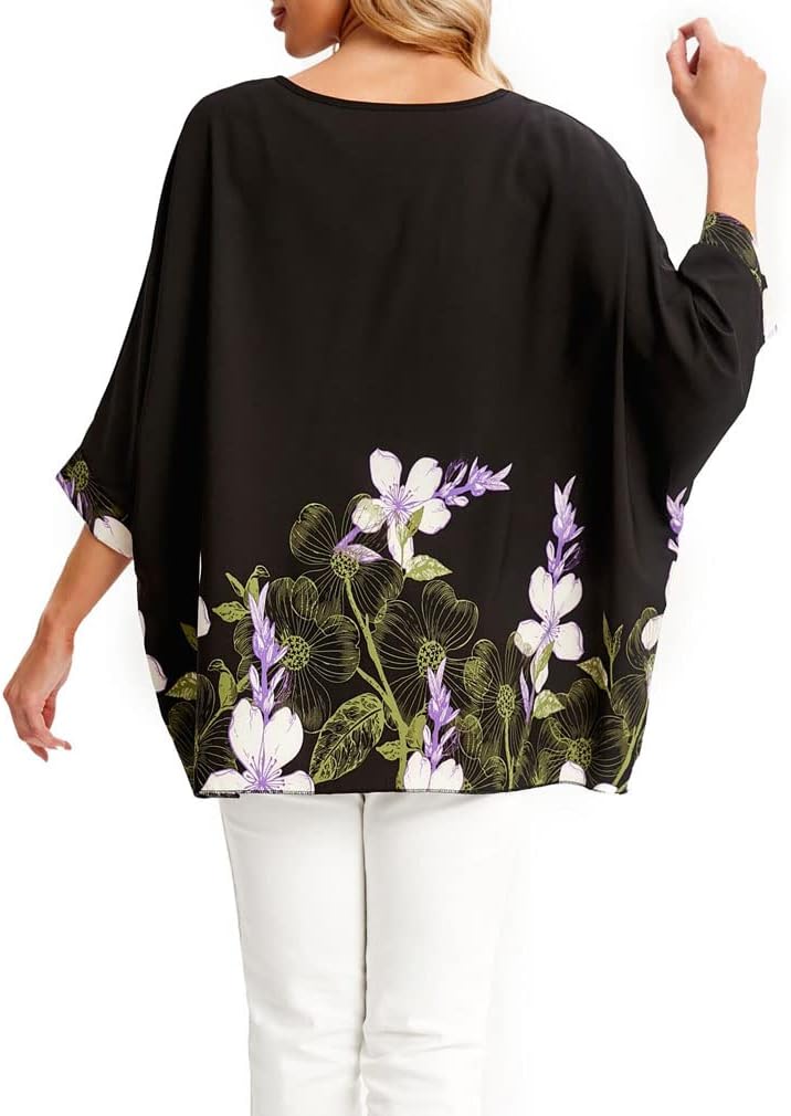 Joyce - Women's Sheer Floral Batwing Sleeve Oversized Off-Shoulder Tunic Blouse