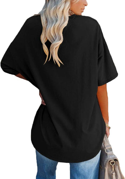 Beverley - Casual Oversized T Shirts Short Sleeve V Neck Basic Plain Cotton Tee Tops.