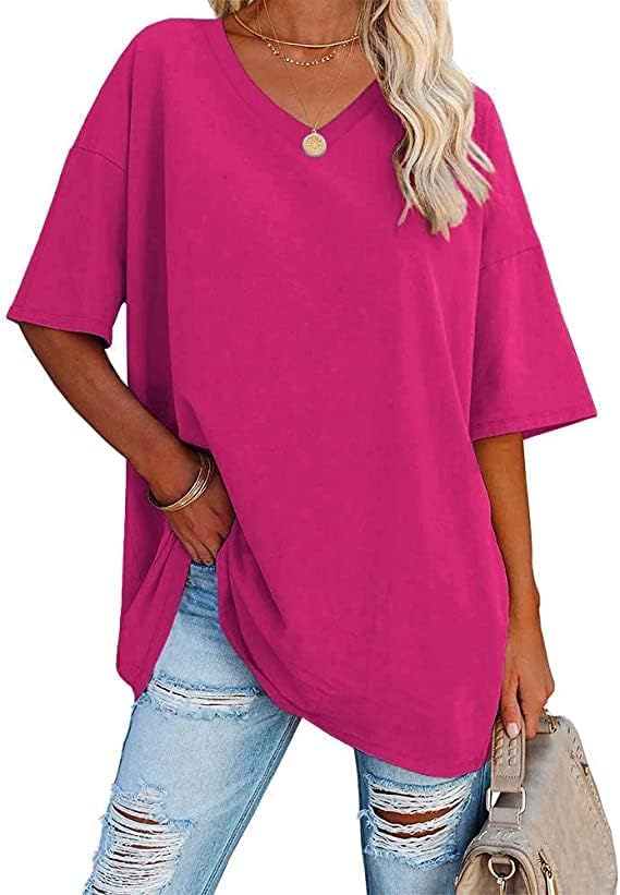 Beverley - Casual Oversized T Shirts Short Sleeve V Neck Basic Plain Cotton Tee Tops.