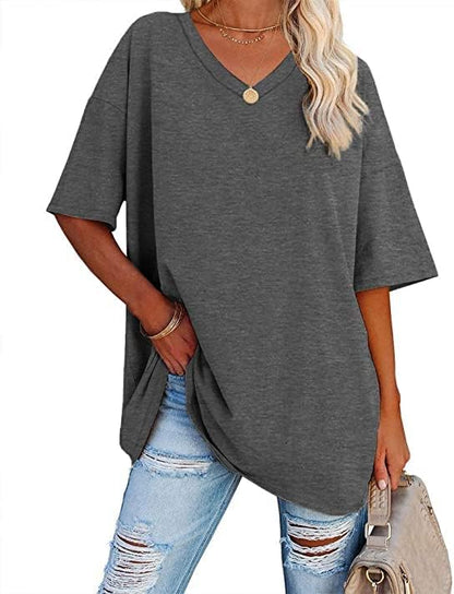 Beverley - Casual Oversized T Shirts Short Sleeve V Neck Basic Plain Cotton Tee Tops.