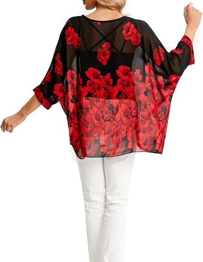 Josephine - Womens Floral Loose Batwing Sleeve Bohemian Sheer Chiffon Oversize Off Shoulder Blouse Tunic Tops