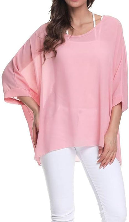 Joyce - Women's Sheer Floral Batwing Sleeve Oversized Off-Shoulder Tunic Blouse