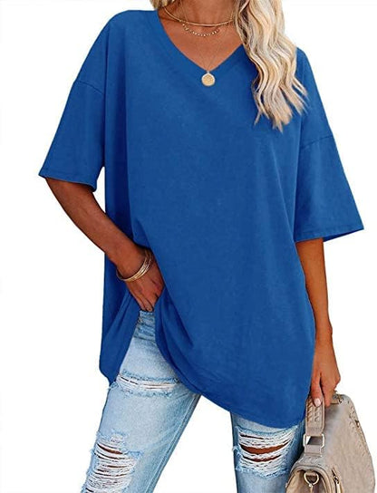 Beverley - Casual Oversized T Shirts Short Sleeve V Neck Basic Plain Cotton Tee Tops.