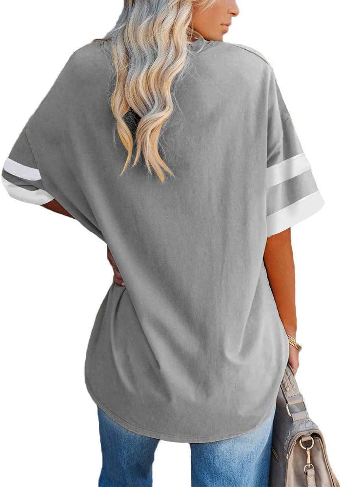 Beverley - Casual Oversized T Shirts Short Sleeve V Neck Basic Plain Cotton Tee Tops.