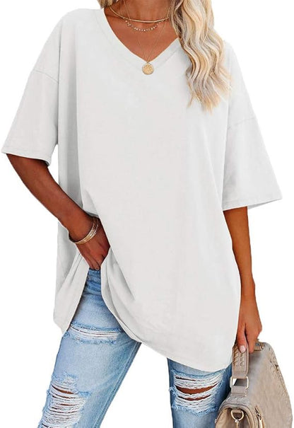 Beverley - Casual Oversized T Shirts Short Sleeve V Neck Basic Plain Cotton Tee Tops.