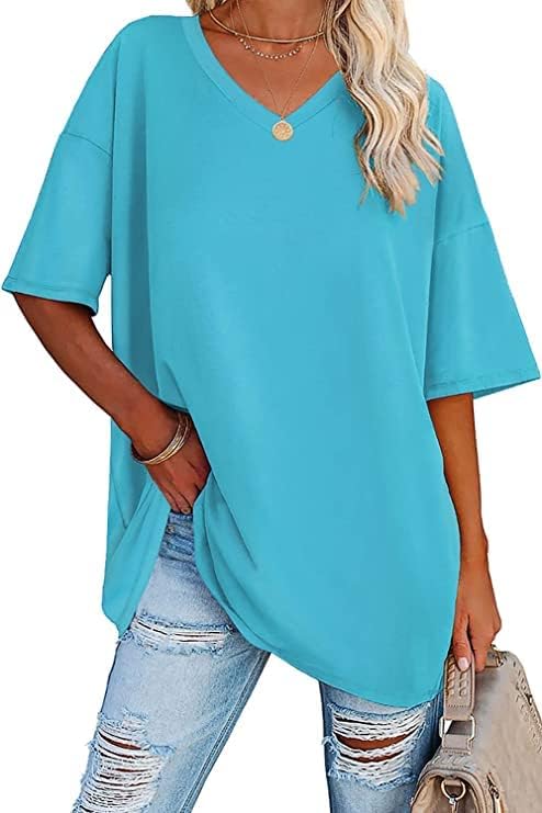 Beverley - Casual Oversized T Shirts Short Sleeve V Neck Basic Plain Cotton Tee Tops.