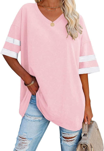 Beverley - Casual Oversized T Shirts Short Sleeve V Neck Basic Plain Cotton Tee Tops.