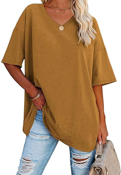 Beverley - Casual Oversized T Shirts Short Sleeve V Neck Basic Plain Cotton Tee Tops.