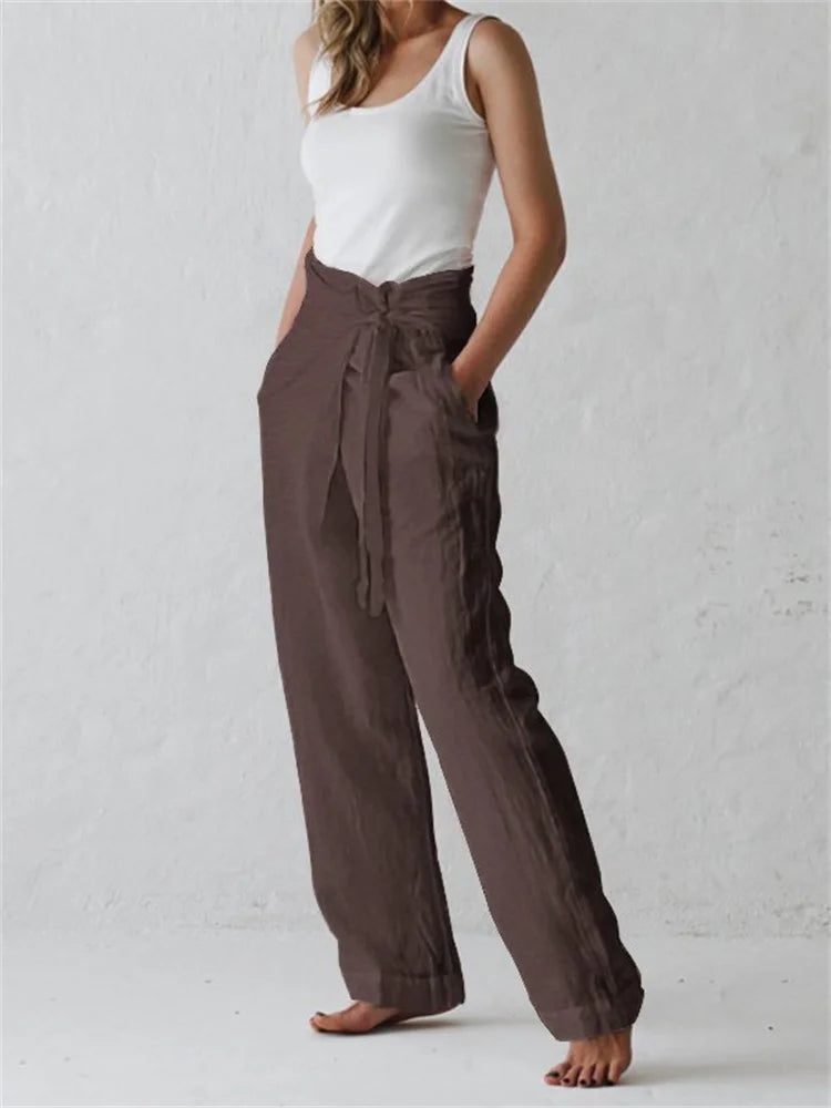 Linen Blend Casual Wide Leg Trousers