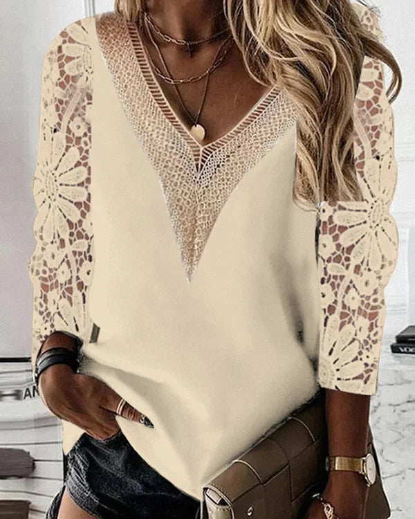 Chic Chiffon Top with Sheer Lace - Effortless Elegance