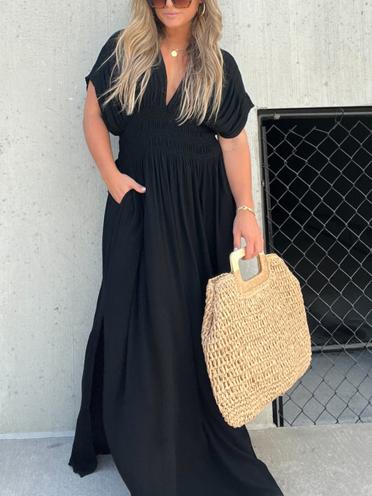 Chic V-Neck Maxi Dress with Slit for Effortless Glamour