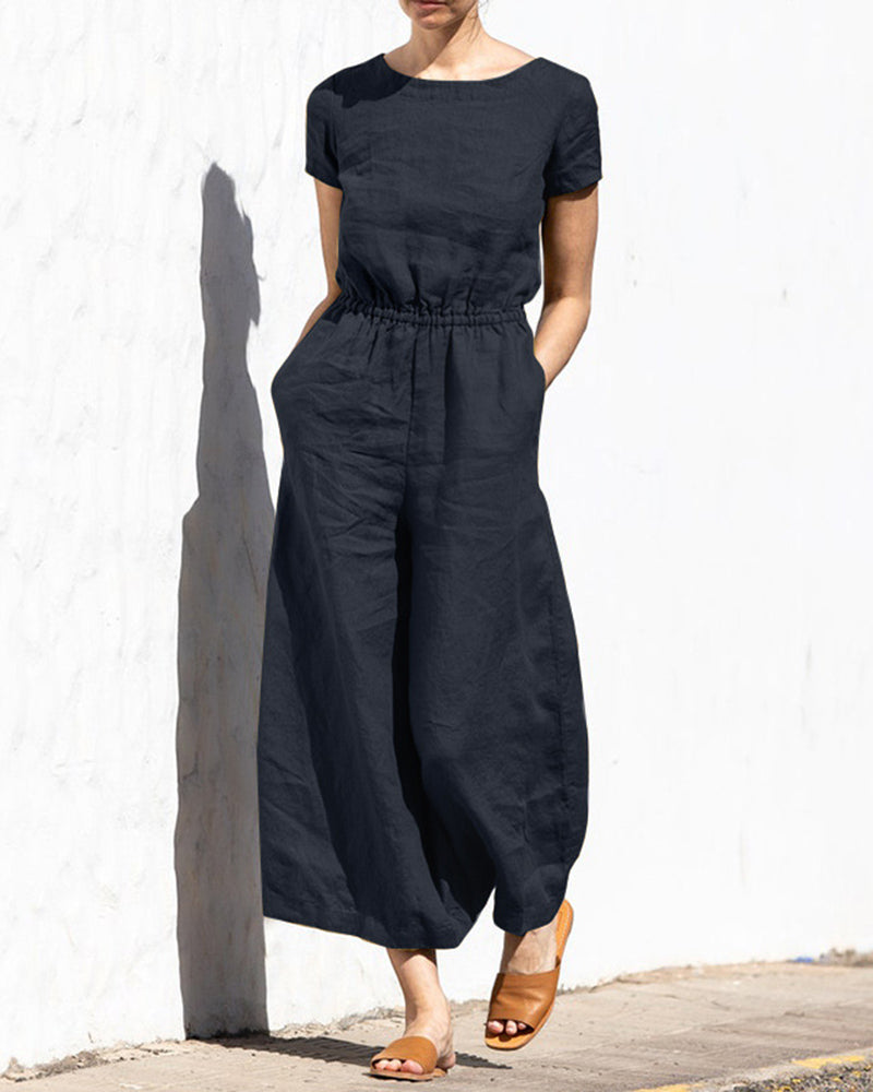 Relaxed Fit Cotton-Linen Wide Leg Jumpsuit with Short Sleeves and Round Neck