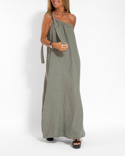 Elegant Sleeveless Cotton Linen Dress with Graceful Shoulder Design