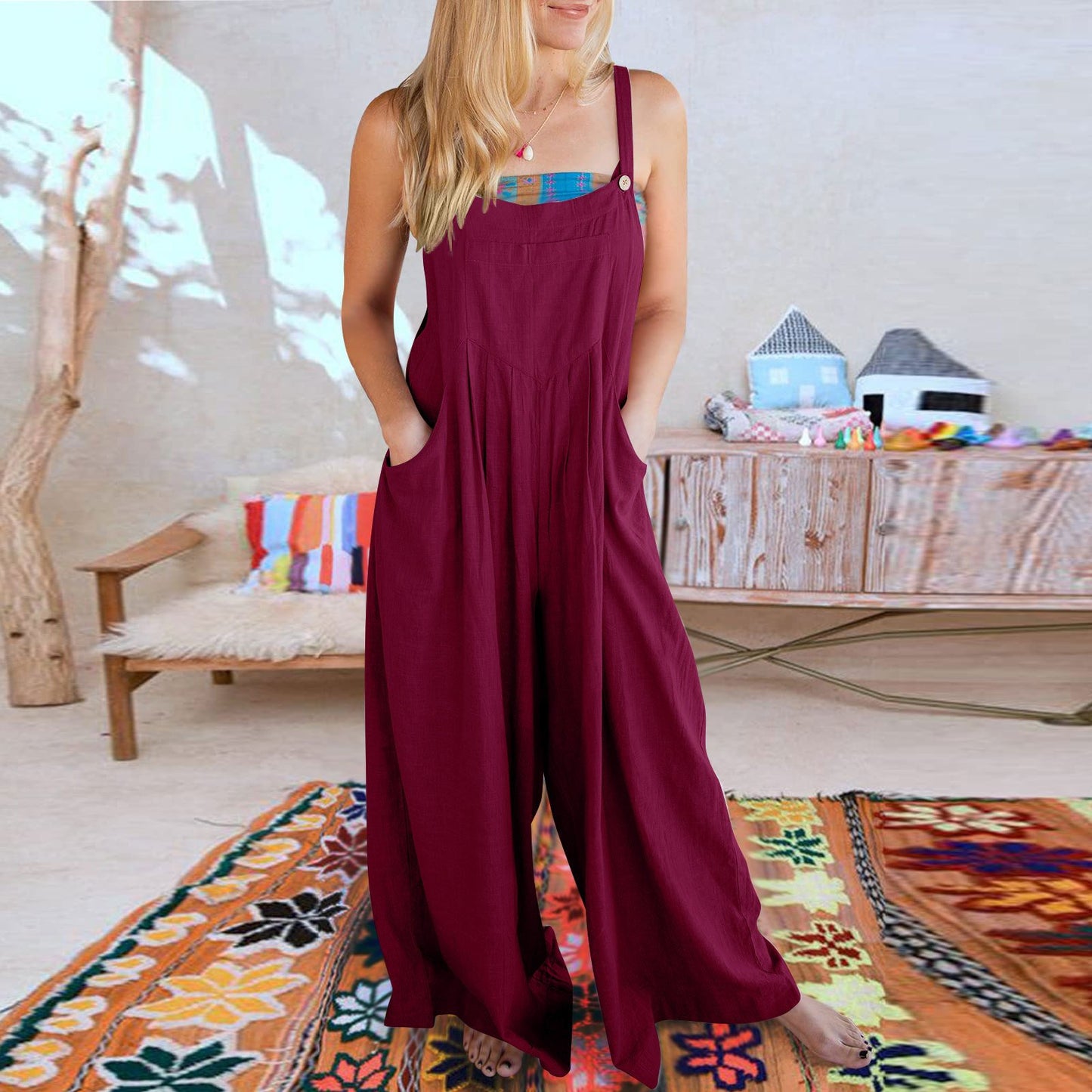 Stylish Sleeveless Wide Leg Jumpsuit for Women with Functional Pockets