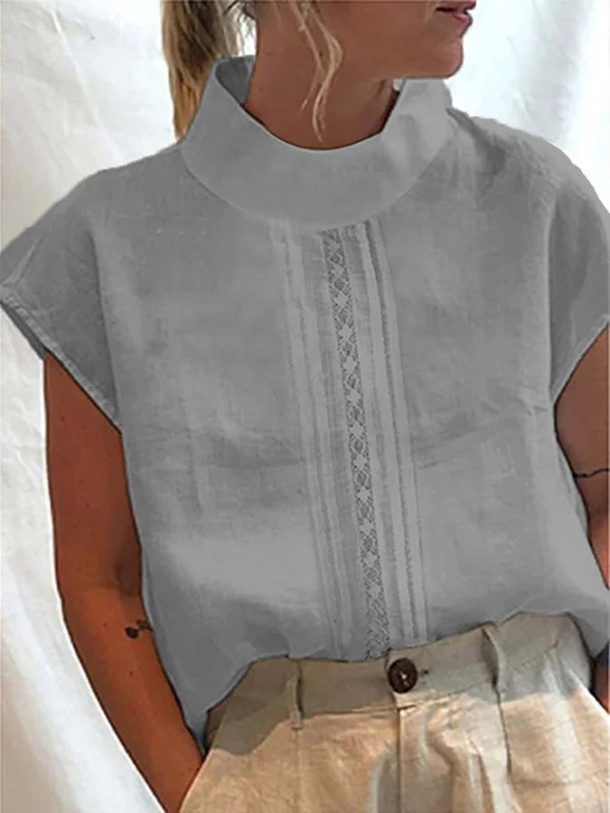 Long Sleeve Blouse with Stand Collar and Lace - Subtle Elegance