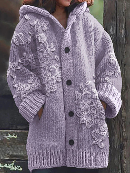 Retro Floral Lace Knit Hooded Cardigan with Embroidery