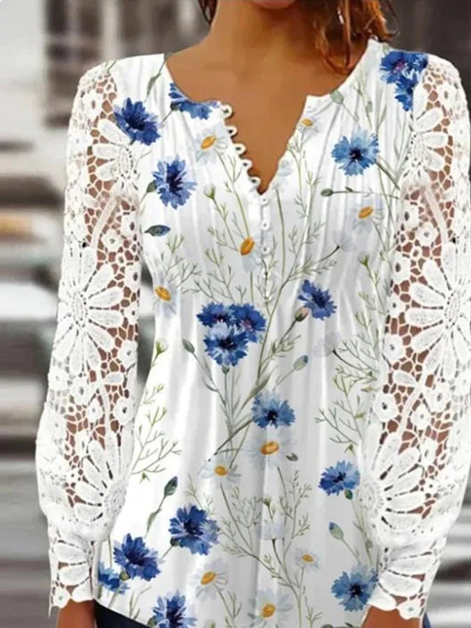 Floral Print Long Sleeve Blouse with Lace Trim - Casual Elegance