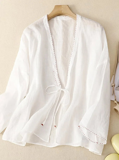 Versatile Stand Collar Cotton Linen Shirt for Casual Boho Style