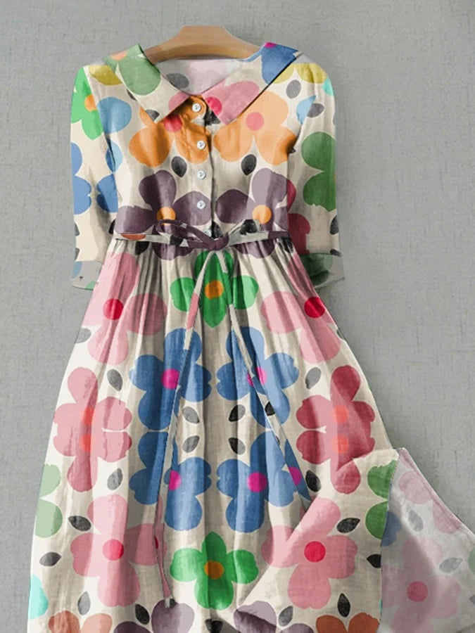 Whimsical Cartoon Floral Print Loose Tie Dress