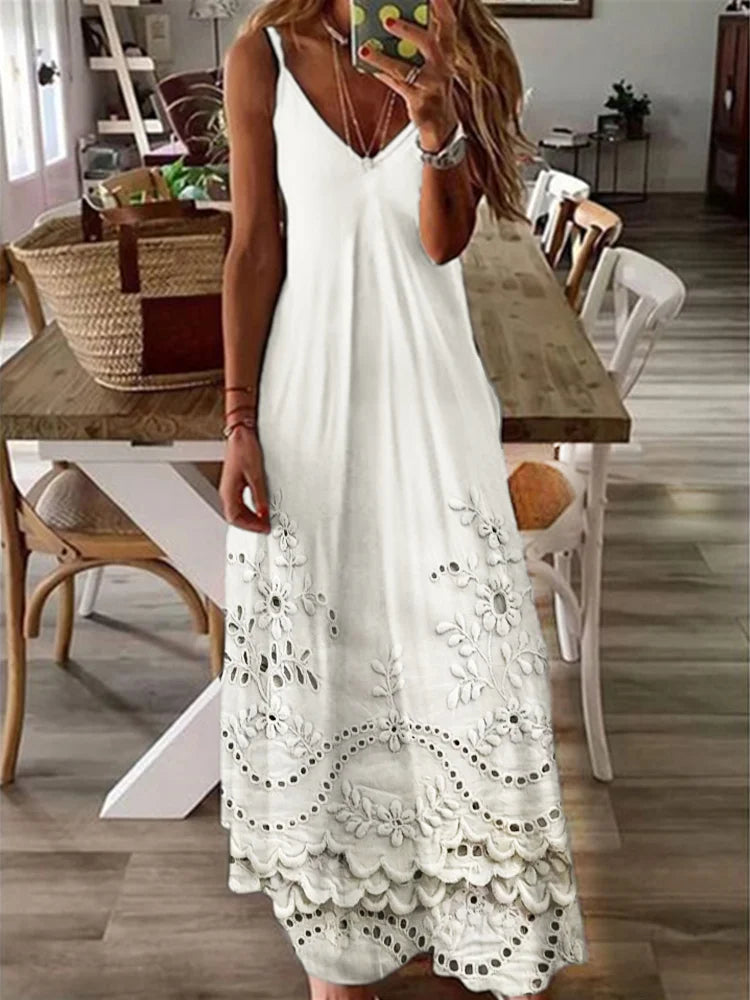 Bohemian Lace Trim Floral Embroidery Maxi Cami Dress