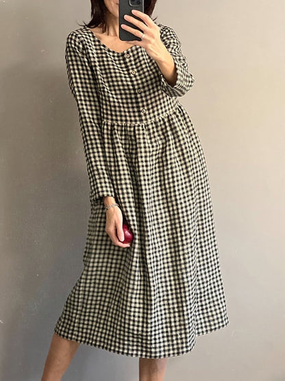 Women's Casual Loose Fit Plaid Linen Dress