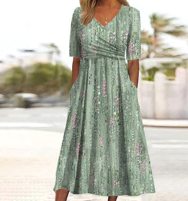 Giade - Green Midi Dress with Floral Print and Pockets