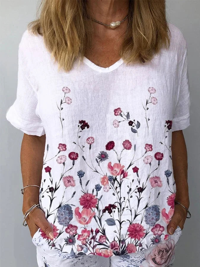 Chic Women's Cotton Linen Tee with Floral Design