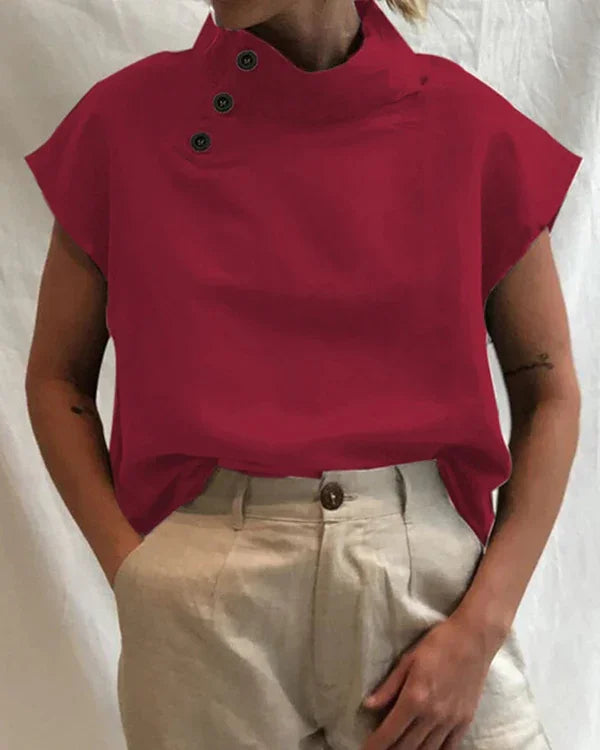 High-Collar Button-Up Blouse - Modern Minimalist Chic