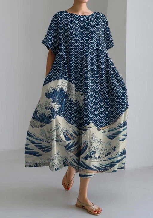 Relaxed Japanese-Inspired Short-Sleeve Casual Marine Dress