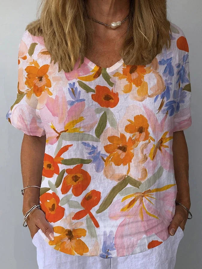 Vintage-Inspired Floral V-Neck Cotton and Linen Top for Women