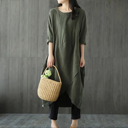 Casual Solid Color Midi Dress with Irregular Hem and Round Neck