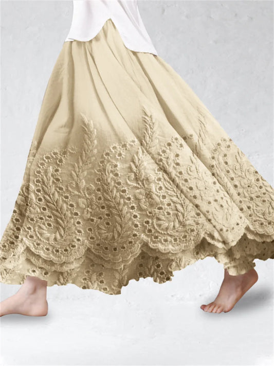 Cottage Floral Lace Trim Linen Blend A-Line Skirt