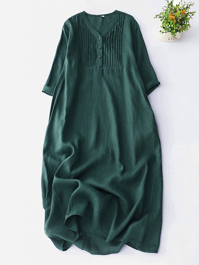 Casual Solid Color Women's V-Neck Dress with Pockets and Button Details