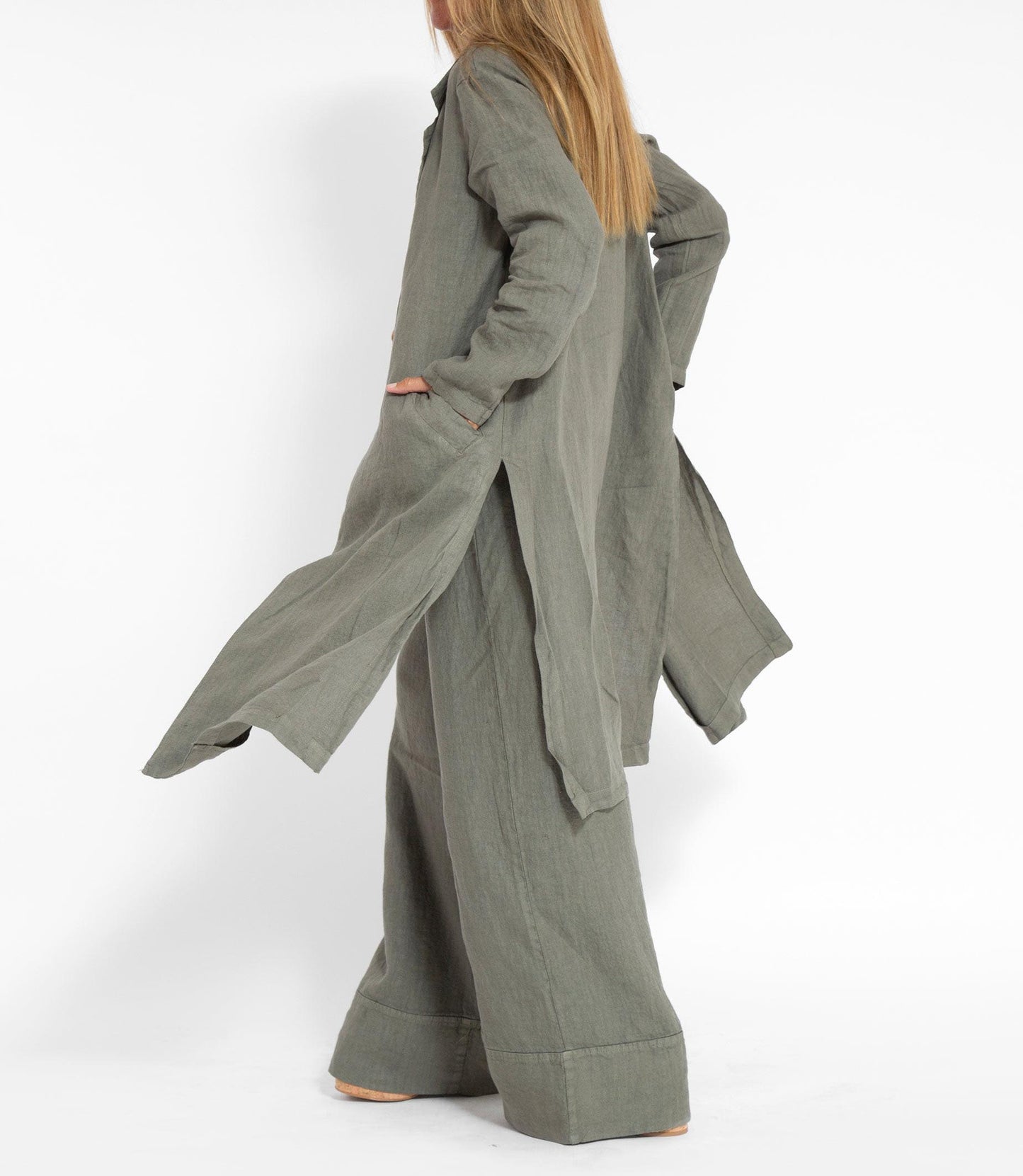 Chic Green Taupe Linen Overcoat for Women