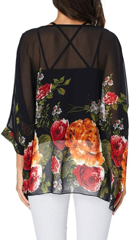 Josephine - Womens Floral Loose Batwing Sleeve Bohemian Sheer Chiffon Oversize Off Shoulder Blouse Tunic Tops