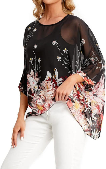 Joyce - Women's Sheer Floral Batwing Sleeve Oversized Off-Shoulder Tunic Blouse