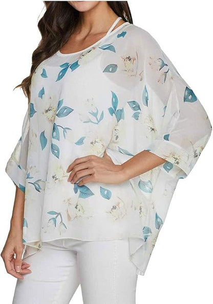 Josephine - Womens Floral Loose Batwing Sleeve Bohemian Sheer Chiffon Oversize Off Shoulder Blouse Tunic Tops