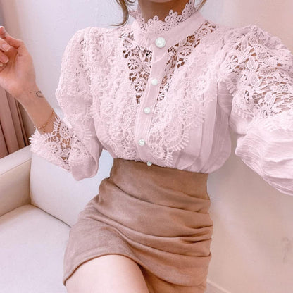 Tivy -  Elegant Lace Trim Shirts Casual Victorian Blouse Long Sleeve Button Down Tops