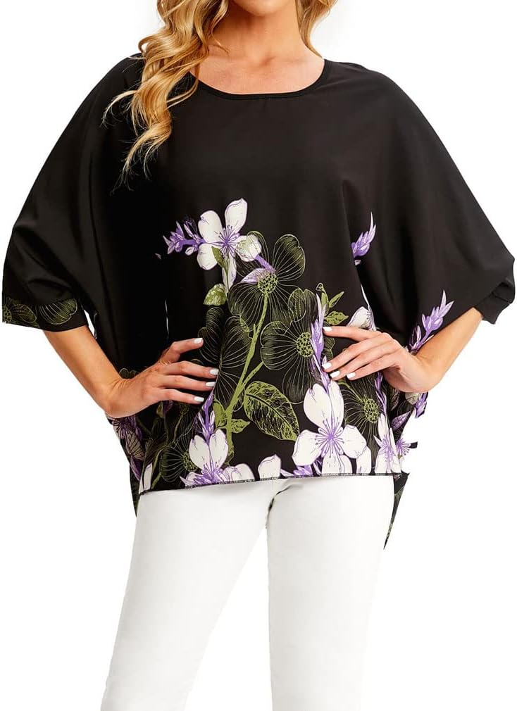 Joyce - Women's Sheer Floral Batwing Sleeve Oversized Off-Shoulder Tunic Blouse