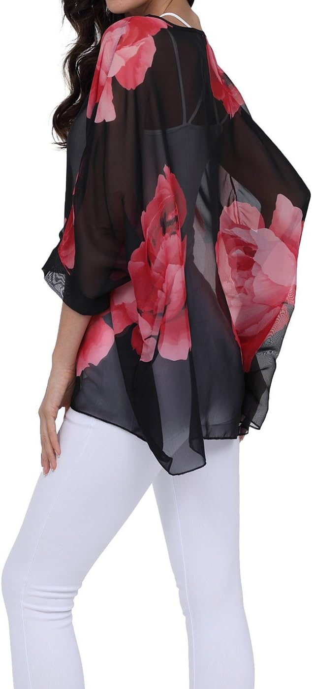 Joyce - Women's Sheer Floral Batwing Sleeve Oversized Off-Shoulder Tunic Blouse