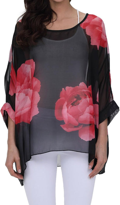 Joyce - Women's Sheer Floral Batwing Sleeve Oversized Off-Shoulder Tunic Blouse