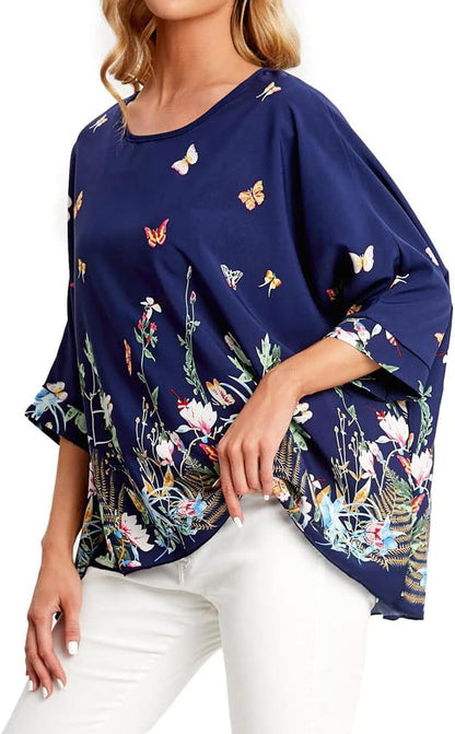 Joyce - Women's Sheer Floral Batwing Sleeve Oversized Off-Shoulder Tunic Blouse