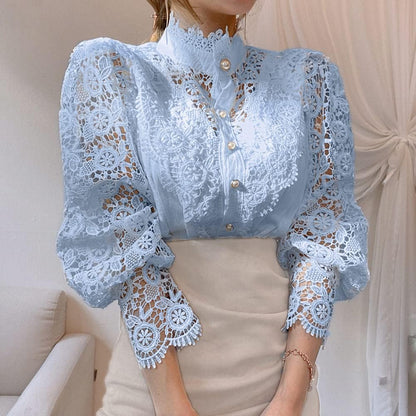 Tivy -  Elegant Lace Trim Shirts Casual Victorian Blouse Long Sleeve Button Down Tops