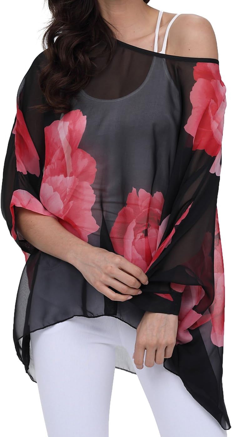 Joyce - Women's Sheer Floral Batwing Sleeve Oversized Off-Shoulder Tunic Blouse