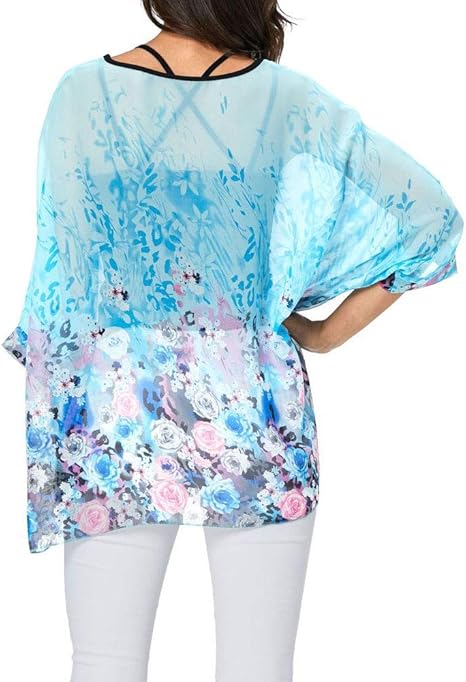 Josephine - Womens Floral Loose Batwing Sleeve Bohemian Sheer Chiffon Oversize Off Shoulder Blouse Tunic Tops