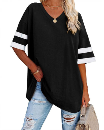 Beverley - Casual Oversized T Shirts Short Sleeve V Neck Basic Plain Cotton Tee Tops.