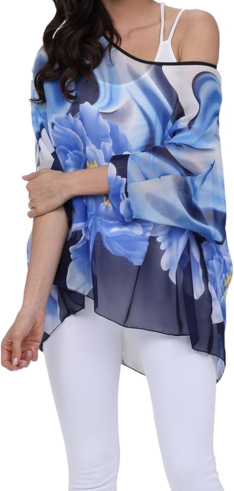 Joyce - Women's Sheer Floral Batwing Sleeve Oversized Off-Shoulder Tunic Blouse