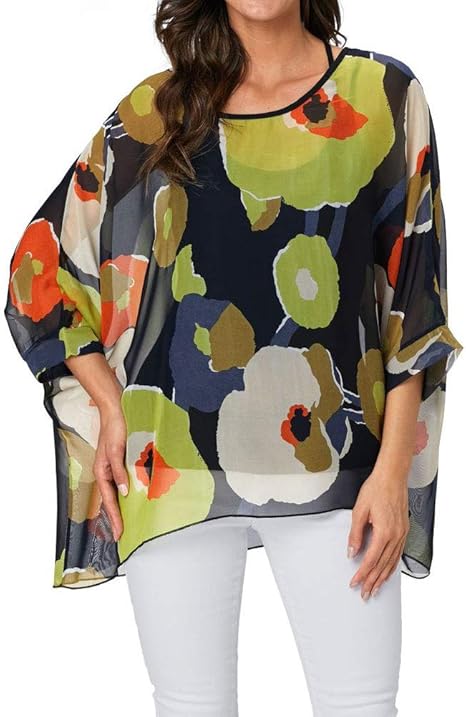 Joyce - Women's Sheer Floral Batwing Sleeve Oversized Off-Shoulder Tunic Blouse